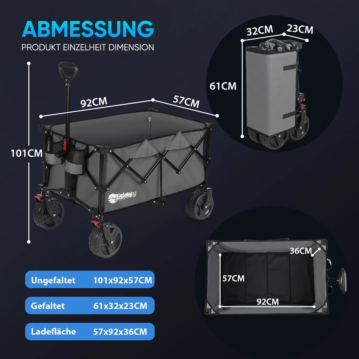 Sekey XXL Bollerwagen, faltbar, anthrazit, mit Abmessungen im Detail.