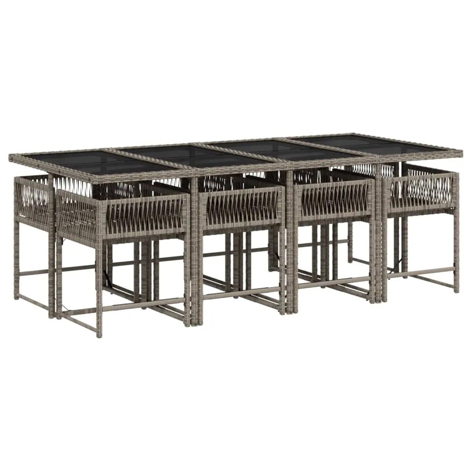 Graue 9-tlg. vidaXL Garten-Essgruppe aus Polyrattan mit Glasplatte und Stauraum für Stühle.