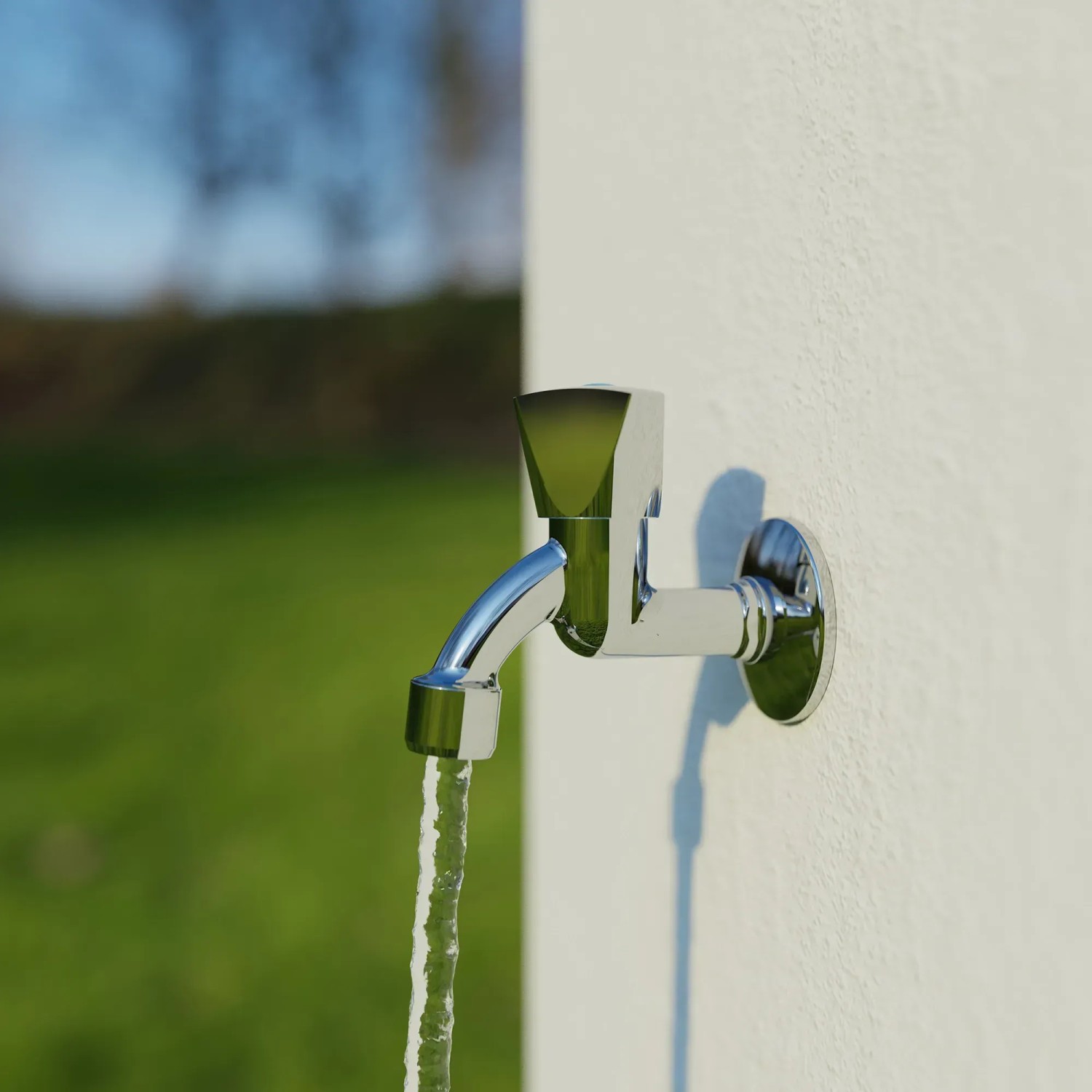 Chrom Auslaufventil mit Haubengriff, 21 mm Anschluss, Wasser läuft.