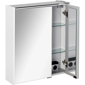 Fackelmann Spiegelschrank Denver, 60 cm, weiß, mit geöffneter Tür und Glasböden.