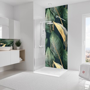 Schulte Duschrückwand DecoDesign mit Tropenblätter Gold Dekor im modernen Badezimmer.
