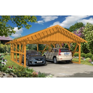 Skan Holz Carport Schwarzwald Eiche mit Rückwand und zwei geparkten Autos.