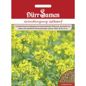 Dürr Samen Gründüngung Gelbsenf: Saatgutpackung mit blühendem Gelbsenf-Feld.