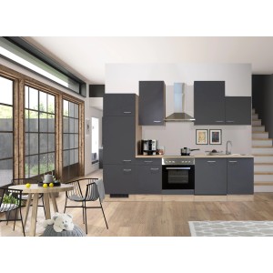 Moderne Küchenzeile Morena in Basaltgrau matt und San Remo Eiche hell mit E-Geräten.