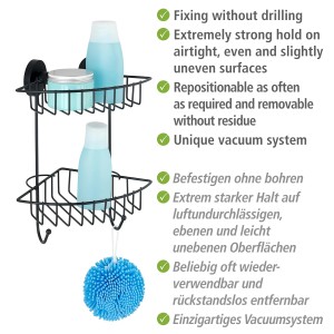 Schwarzes Wenko Eckregal Bari mit 2 Etagen und Vacuum-Loc System zur Aufbewahrung im Bad.