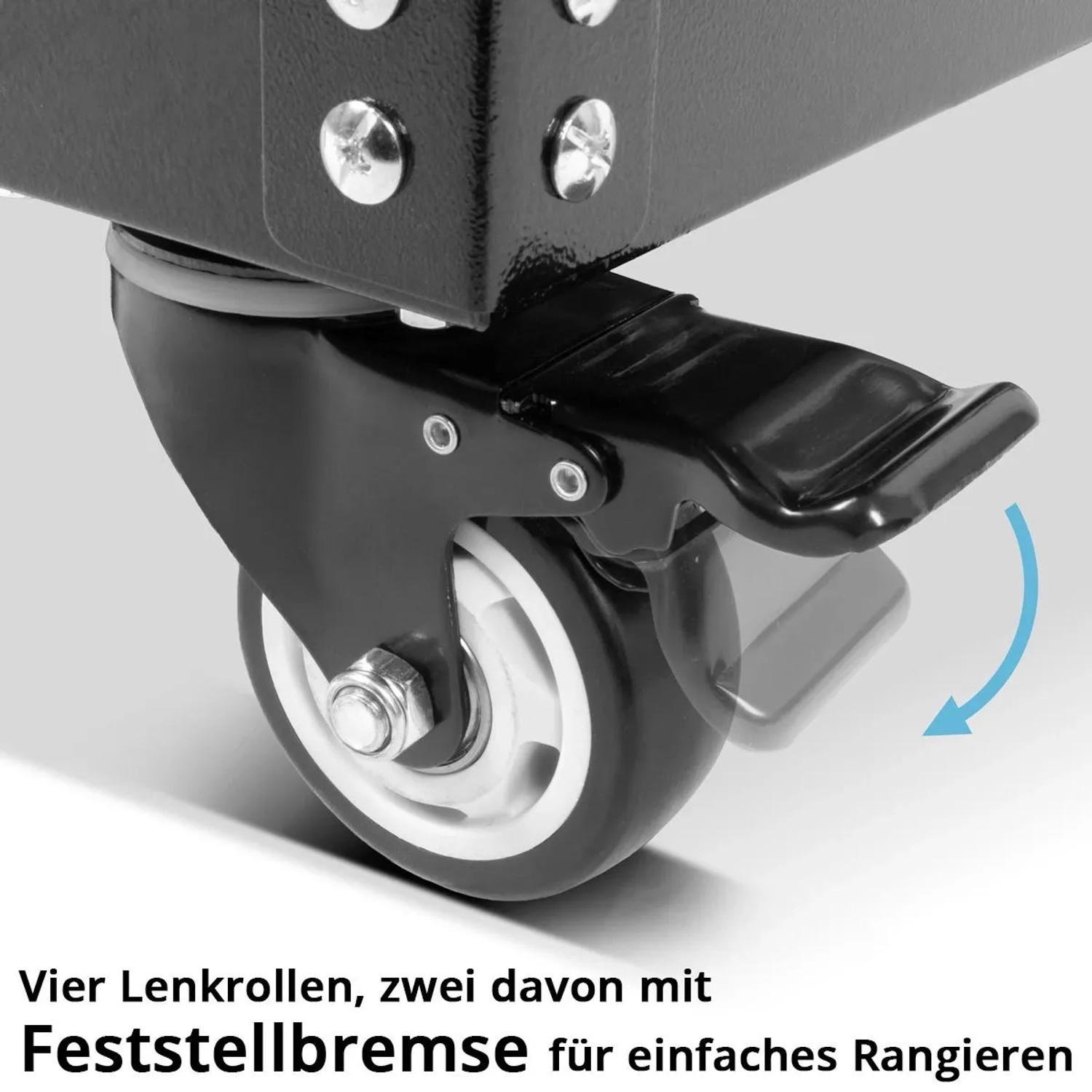 Detailaufnahme: Lenkrolle mit Feststellbremse am STAHLWERK Werkzeugwagen für sicheren Stand.