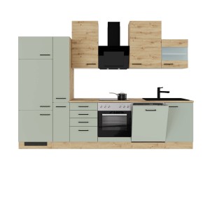 Moderne Küchenzeile Cara in Schilfgrün/Artisan Eiche mit E-Geräten und Spüle.