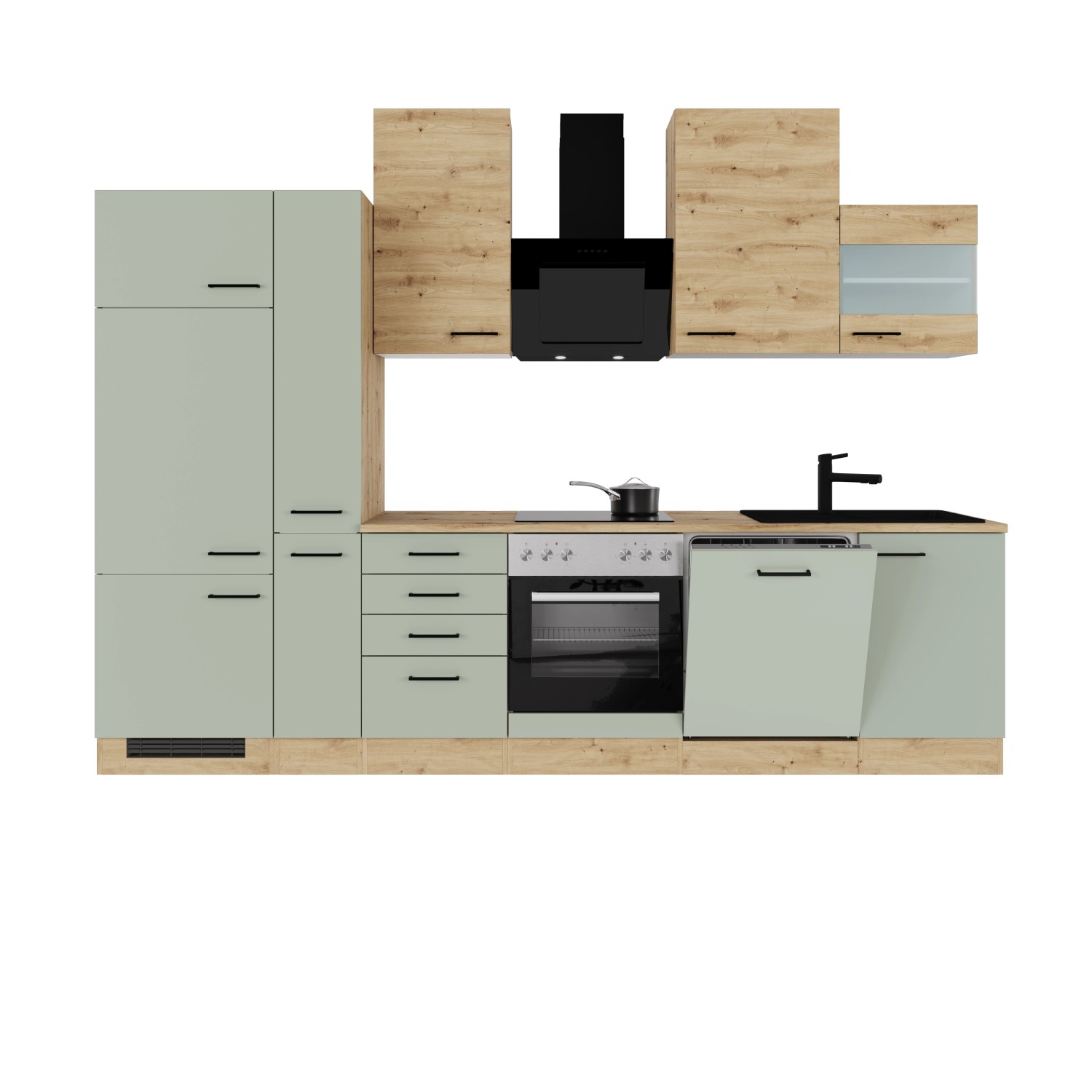 Flex-Well Exclusiv Küchenzeile Cara 310 cm Schilfgrün matt - Artisan Eiche günstig online kaufen