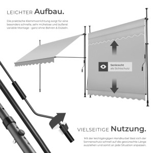 Tectake Klemmmarkise  Mit Handkurbel Uv Beständig 250 x 180 cm 180 x 250 x 304 cm Hellgrau