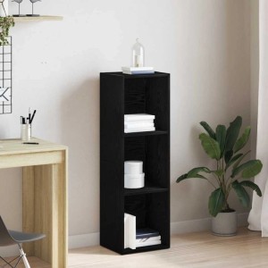 Schwarzes Bücherregal in Eichen-Optik mit drei Fächern aus Holzwerkstoff.
