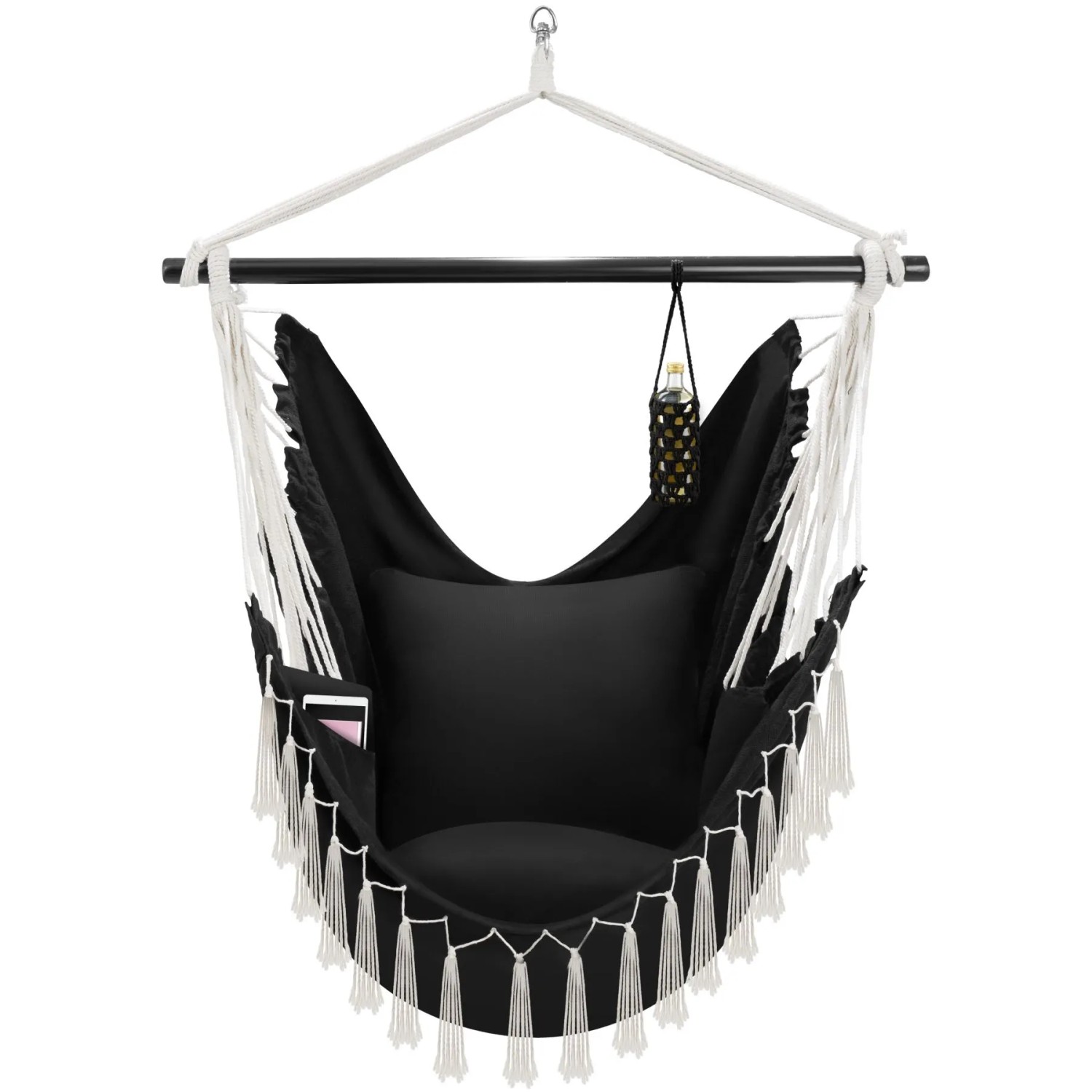 Tectake Hängesessel Malika Extra Dicke Sitz Und Rückenkissen Mit Bücherfach Flaschenhalterung 150 X 100 X 150 Cm Schwarz