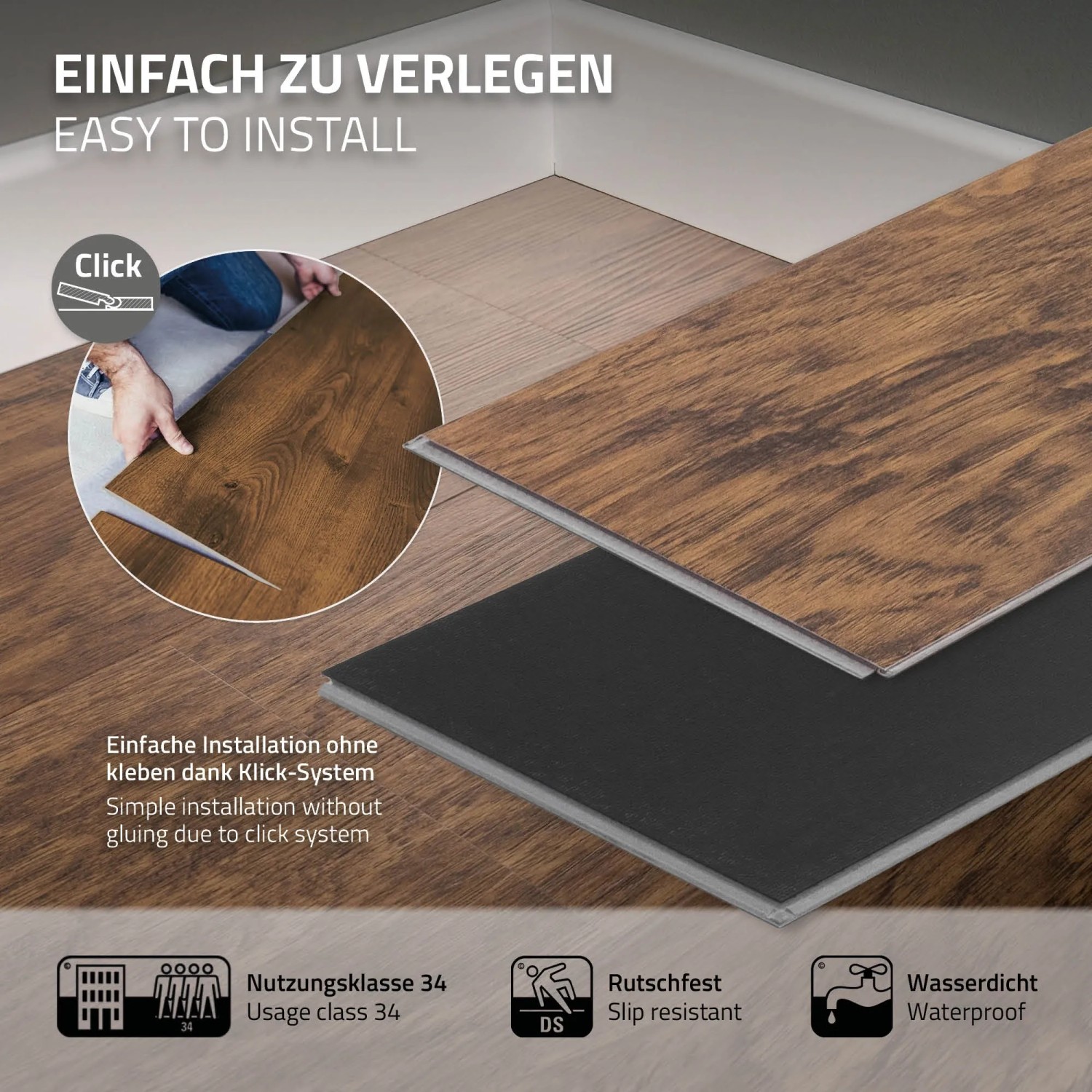 ML-Design Vinylboden Akazie Braun mit Klicksystem, einfache Verlegung. Detailaufnahme der Dielen.