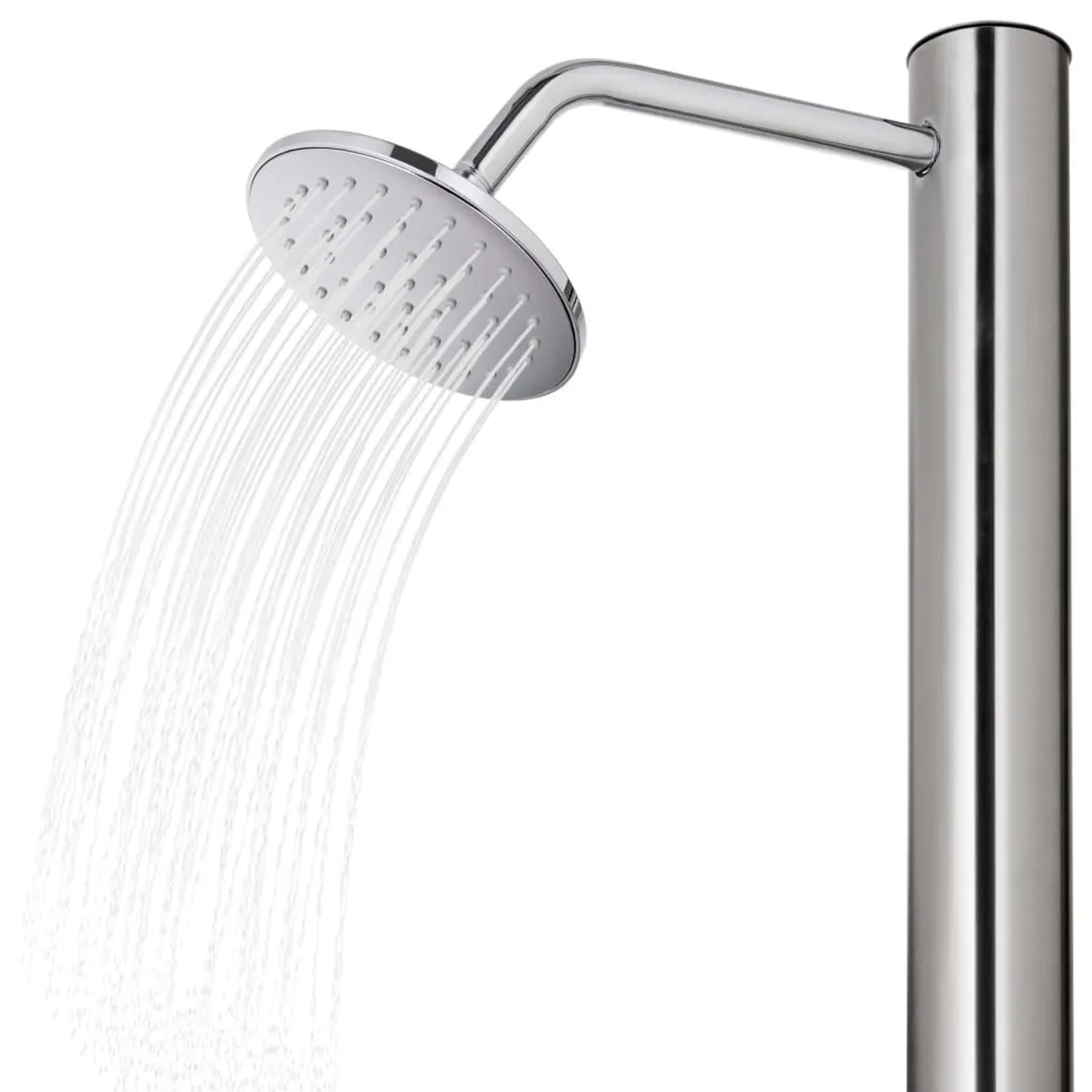 Edelstahl Gartendusche mit rundem Duschkopf, aus dem Wasser spritzt. Modernes Design für Outdoor.
