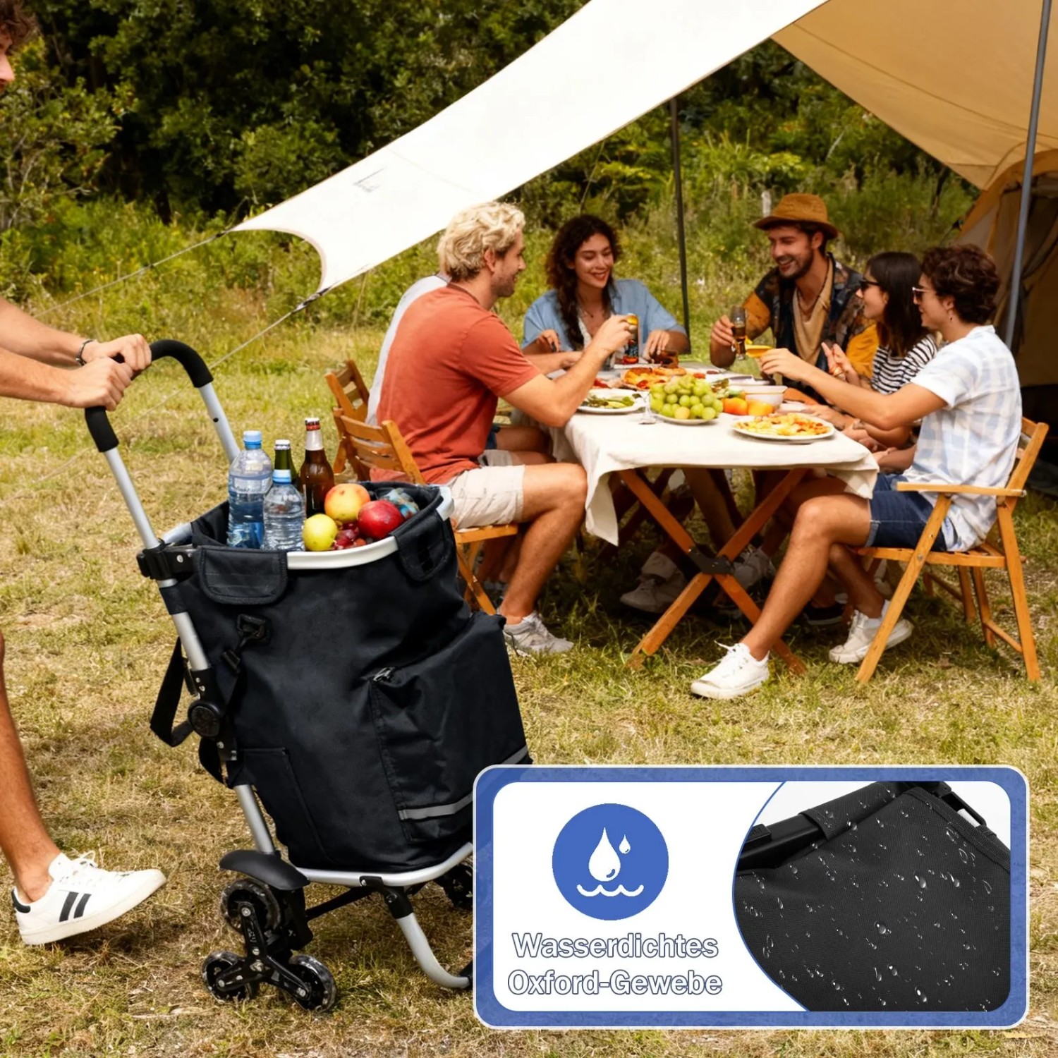 Sekey 3-in-1 Einkaufstrolley Treppensteiger mit Kühlfach bei Picknick mit Freunden.