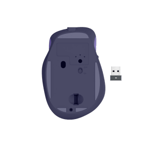 Unterseite der blauen Hama Funkmaus WM-500 mit USB-Empfänger. Ergonomische 6-Tasten-Maus für Computerzubehör.
