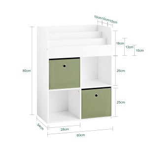 Weißes Kinder Bücherregal mit 2 grünen Stoffboxen. Spielzeugregal mit Ablagen.