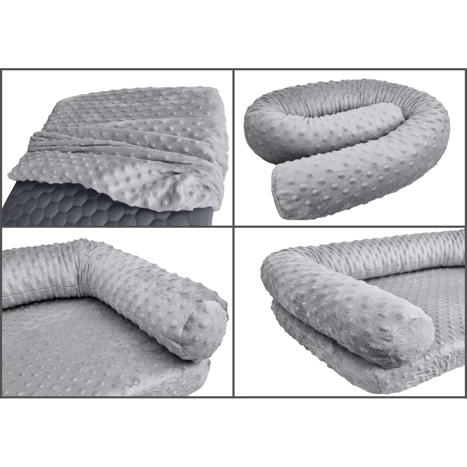 Hundebett aus Kiefernholz, weiß, mit Rollrost und grauem Bezug. Tierbett für große Hunde.