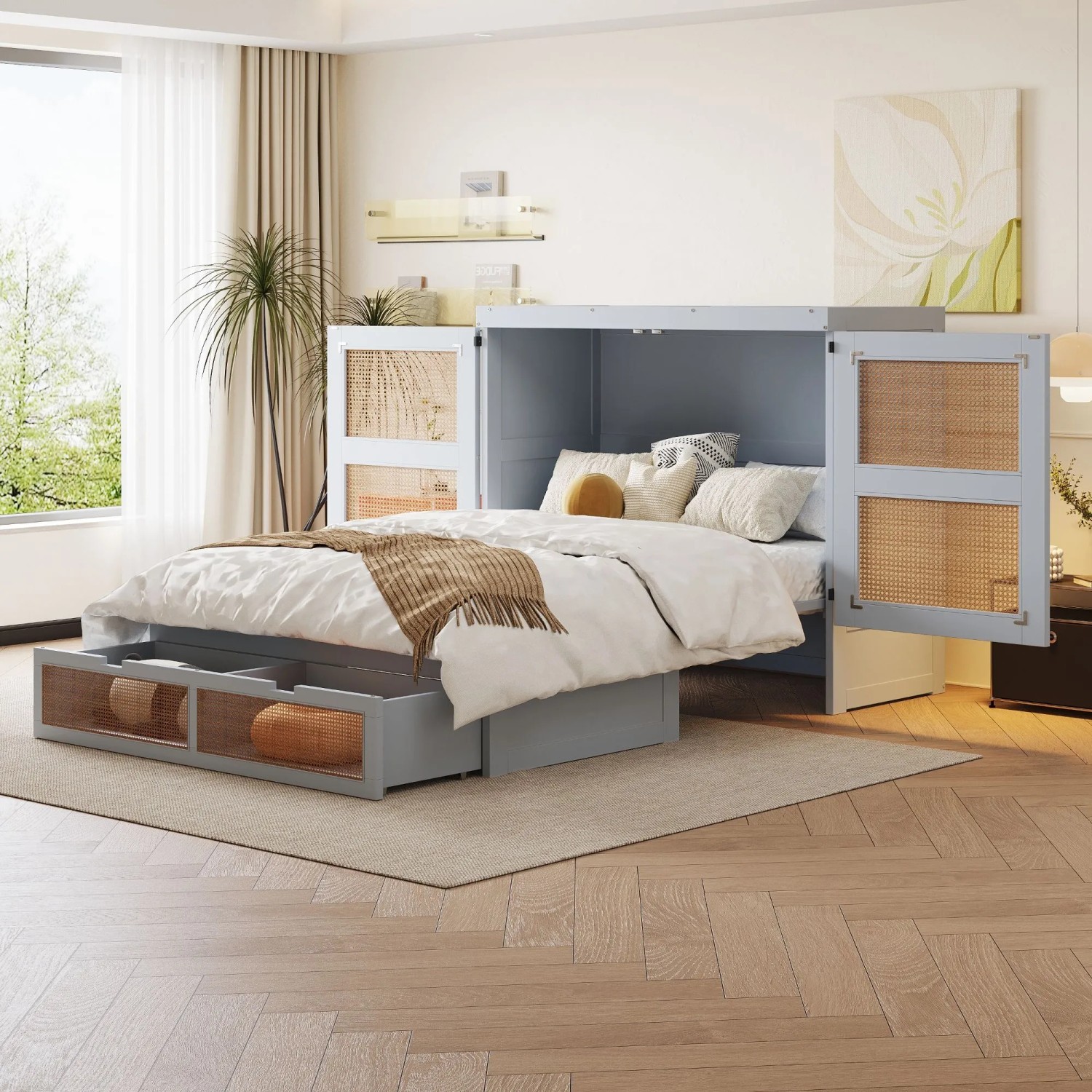 Graues Merax Wandbett 140x200cm, ausgeklappt, mit Rattan-Türen und Stauraum-Schubladen. Ideal für moderne Schlafzimmer.