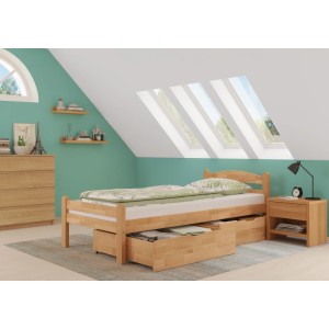 Bett mit Bettkasten aus Buche, farblos lackiert. Einzelbett mit Stauraum.