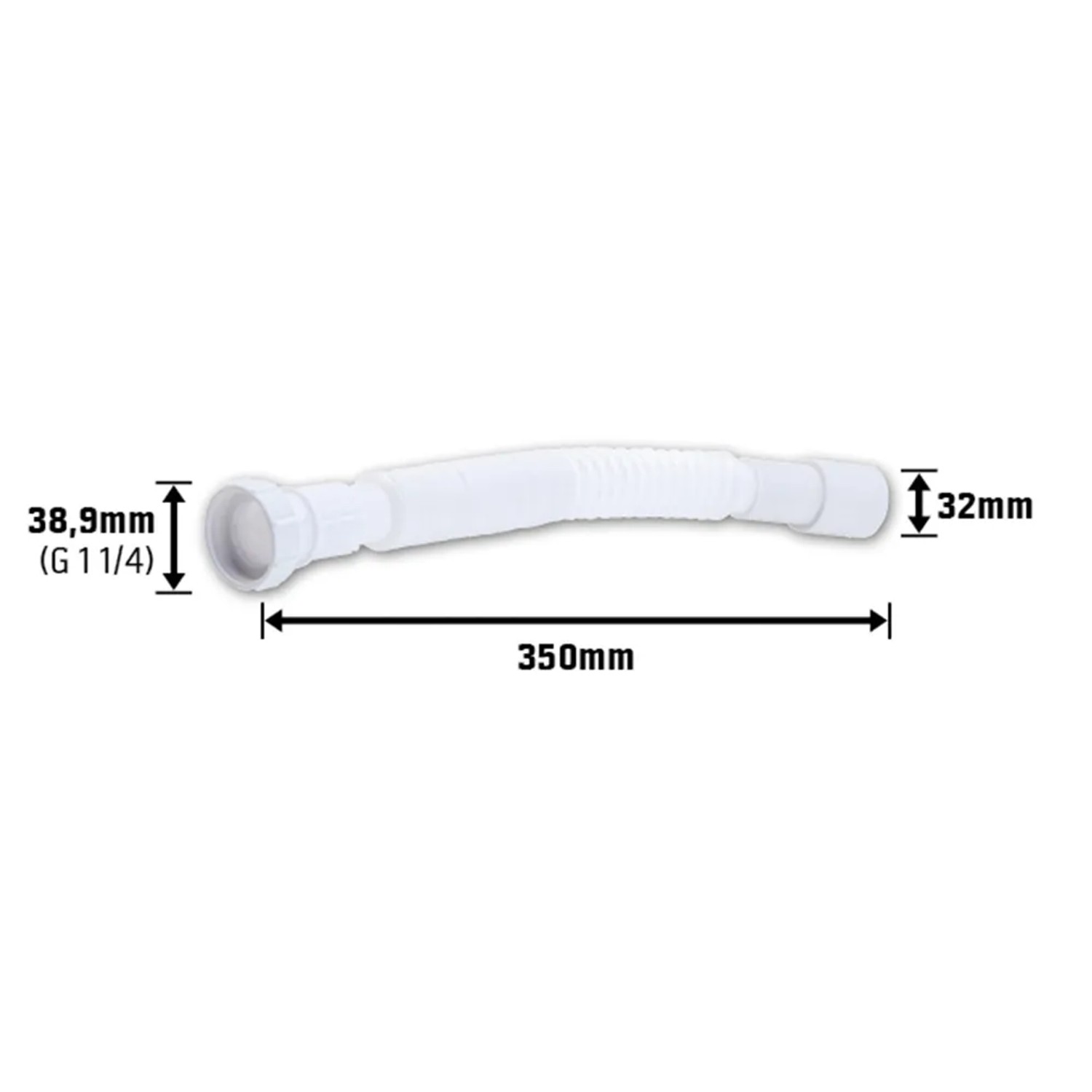 Flexibler, weißer Flex-Siphon, 35 cm lang, mit den Durchmessern 38,9 mm und 32 mm.