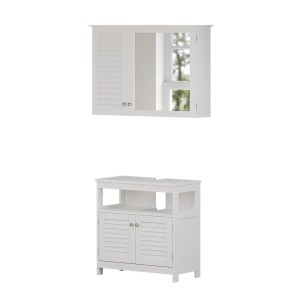 Weißes Vicco Badmöbel-Set Riad, 2-teilig: Unterschrank mit Ablage und Spiegelschrank mit Lamellen-Optik.