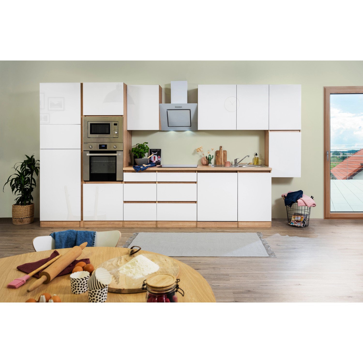 Respekta Premium Küchenzeile Grifflos 395 cm Weiß Hochglanz-Eiche Sägerau günstig online kaufen