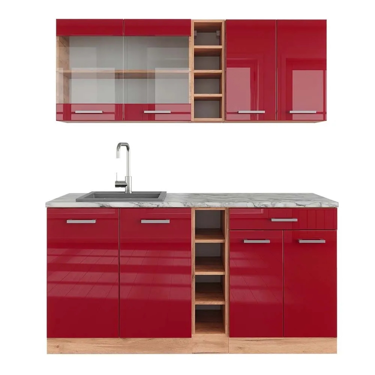 Vicco R-Line Singleküche Bordeaux Hochglanz Goldkraft Eiche 160 cm AP Marmor ohne E-Geräte
