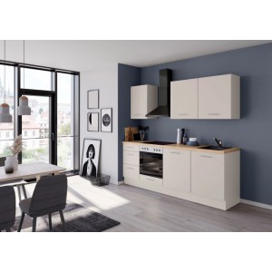 Moderne Impuls Küchenzeile 230 cm in Magnolienweiß mit Eiche-Arbeitsplatte, Ofen, Spüle und Hängeschränken.