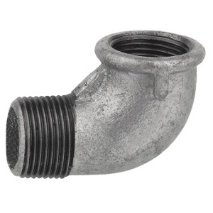 Verzinkter Kirchhoff Winkel 90° mit Innen- und Außengewinde (1/2 Zoll) für Temperguss-Fittings.