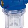 Blauer Vorfilter 1 l für Gartenpumpen und Hauswasserautomaten mit transparentem Gehäuse.
