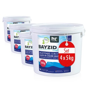 Bayzid Multitabs 5in1 Poolpflege Set, 4 Eimer à 5kg. Langzeit Chlor Tabletten für Pools.