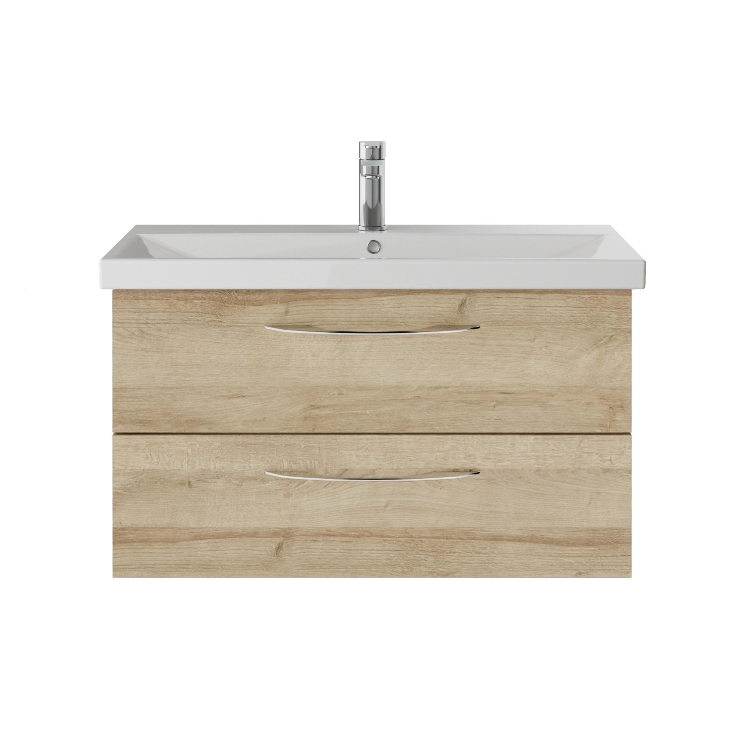 Pelipal Badmöbel-Set Serie 4035: Waschtischunterschrank in Riviera Eiche mit zwei Schubladen und Aufsatzwaschbecken.