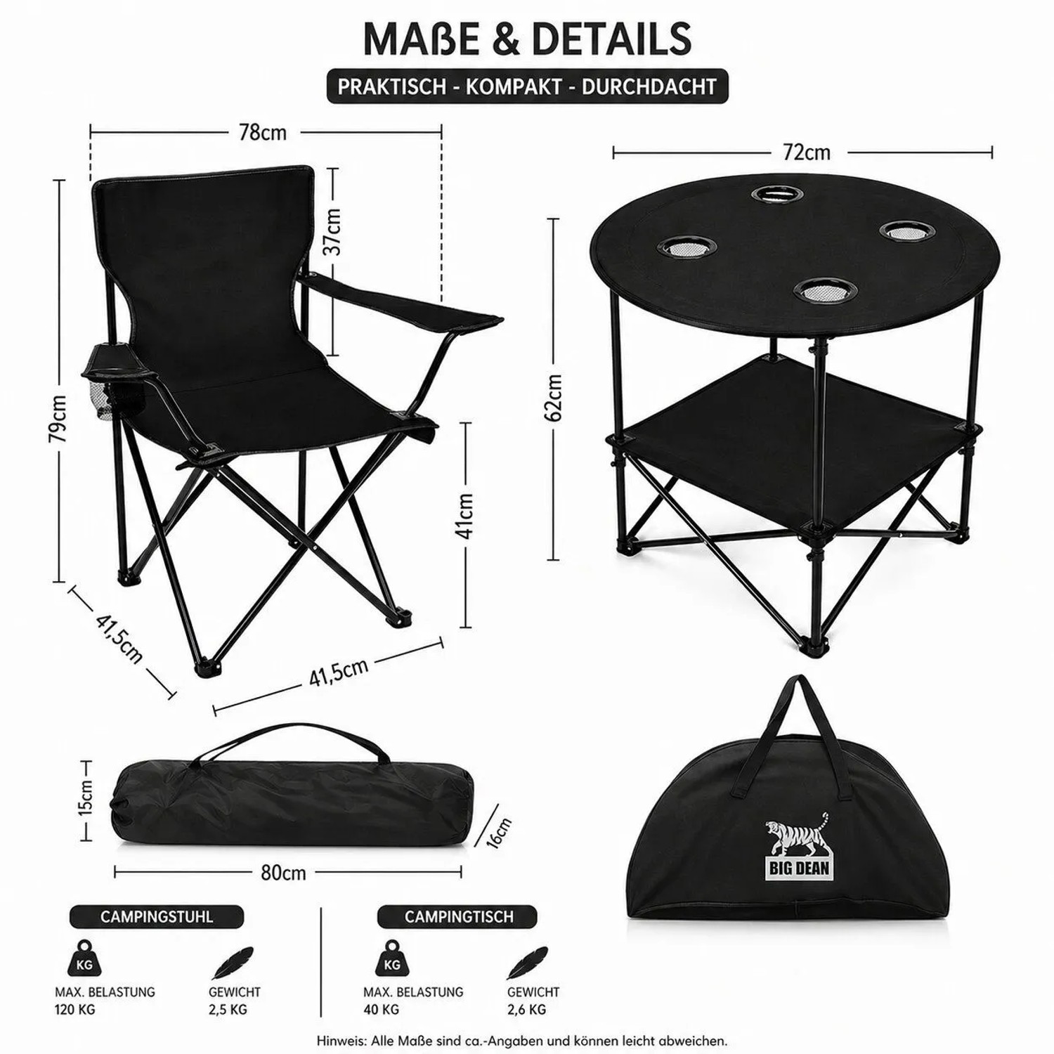 BigDean Camping Set 4x Campingstühle & 1x Campingtisch Campingstuhl mit Tisch Set Klappbar Camping Tisch Stuhl Set Campingstuhl Faltbar Angelstuhl_3