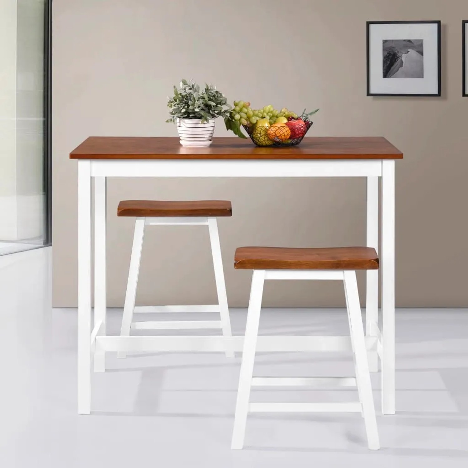vidaXL Bartisch- und Hocker-Set, 3-teilig, aus Massivholz in Braun und Weiß.