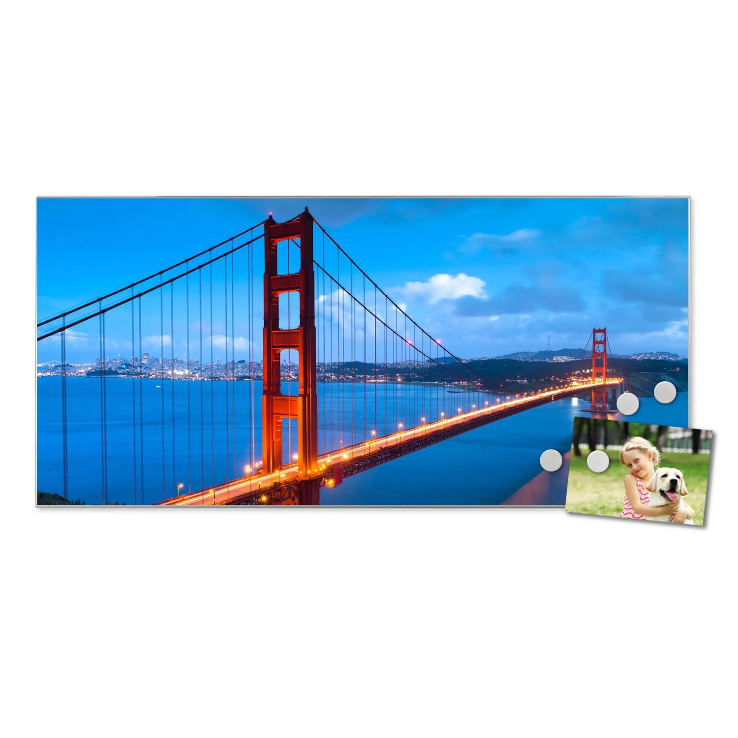Silberne Magnettafel mit Golden Gate Bridge Motiv, inklusive Magnete. Wanddekoration für Notizen und Fotos.