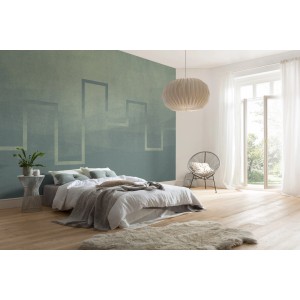 Komar Vlies Fototapete Level im Schlafzimmer mit blau-grünem Farbverlauf und Rahmenmuster.