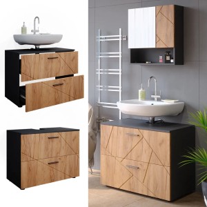 Vicco Waschbeckenunterschrank Irma, Anthrazit/Eiche, 80 cm breit, mit zwei Schubladen.