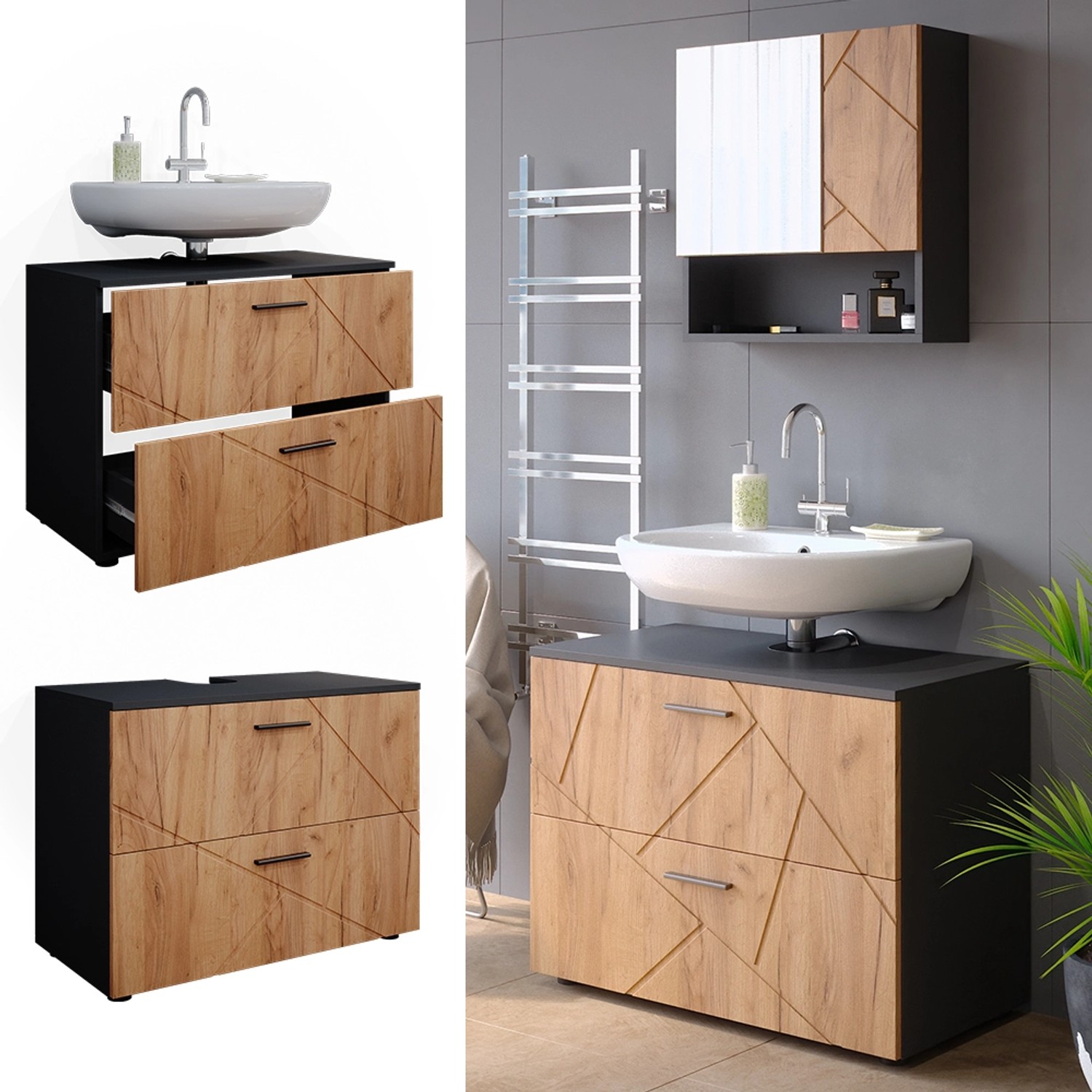 Vicco Waschbeckenunterschrank Irma, Anthrazit/Eiche, 80 cm breit, mit zwei Schubladen.