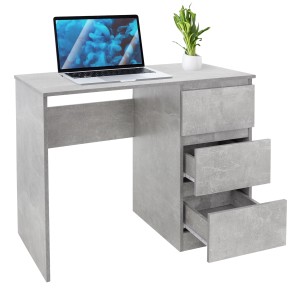 Grauer ML-Design Schreibtisch in Beton-Optik mit 3 Schubladen, Laptop und Pflanze.