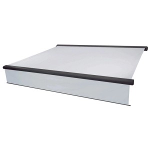 MCW Kassetten-Markise, creme Acrylstoff, anthrazitfarbenes Gehäuse, ausgefahren. Sonnenschutz mit Volant.
