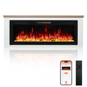 HOMAVO Elektrokamin 50 Zoll mit Schrank, Flammen- und Holzfarben einstellbar, Steuerung per App und Fernbedienung.
