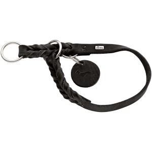 Schwarze Hunter Hundehalsung aus Leder, geflochten mit Anhänger und silbernem Ring.