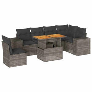 Graue 7-tlg. vidaXL Garten-Sofagarnitur aus Polyrattan mit Tisch und Kissen.