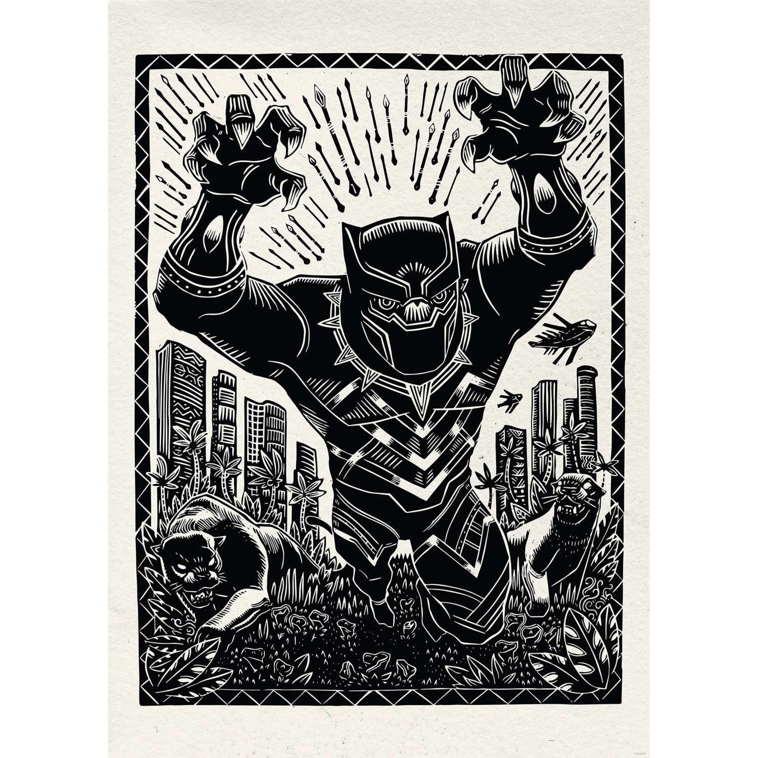 Komar Wandbild Marvel Black Panther Lino-Cut Charge 50 cm x 70 cm Schwarz-W günstig online kaufen