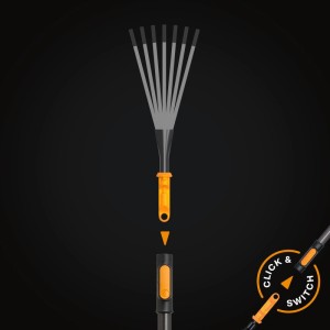Fiskars OneClick Klein-Fächerbesen, orange-schwarz, für Kombisysteme. Detailaufnahme des Stecksystems.