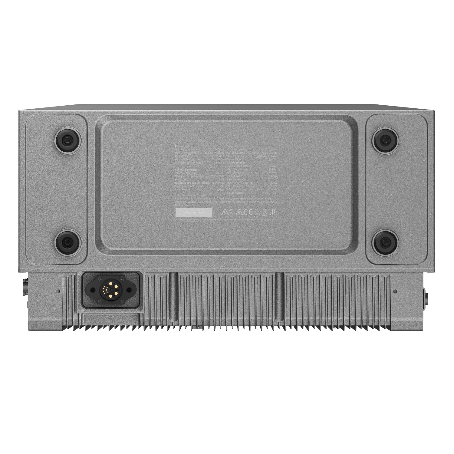Rückansicht der grauen Anker Solix Solarbank 2 E1600 Pro mit Anschlüssen und Kühlrippen.