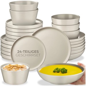 Tectake Tafelservice Una, 24-teilig, taupefarben. Geschirrset im Urban Style für 6 Personen.