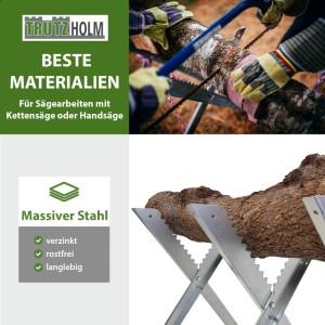 TRUTZHOLM Holzsägebock aus verzinktem Stahl mit Holzstamm. Klappbarer Sägebock für Gartenhandgeräte.