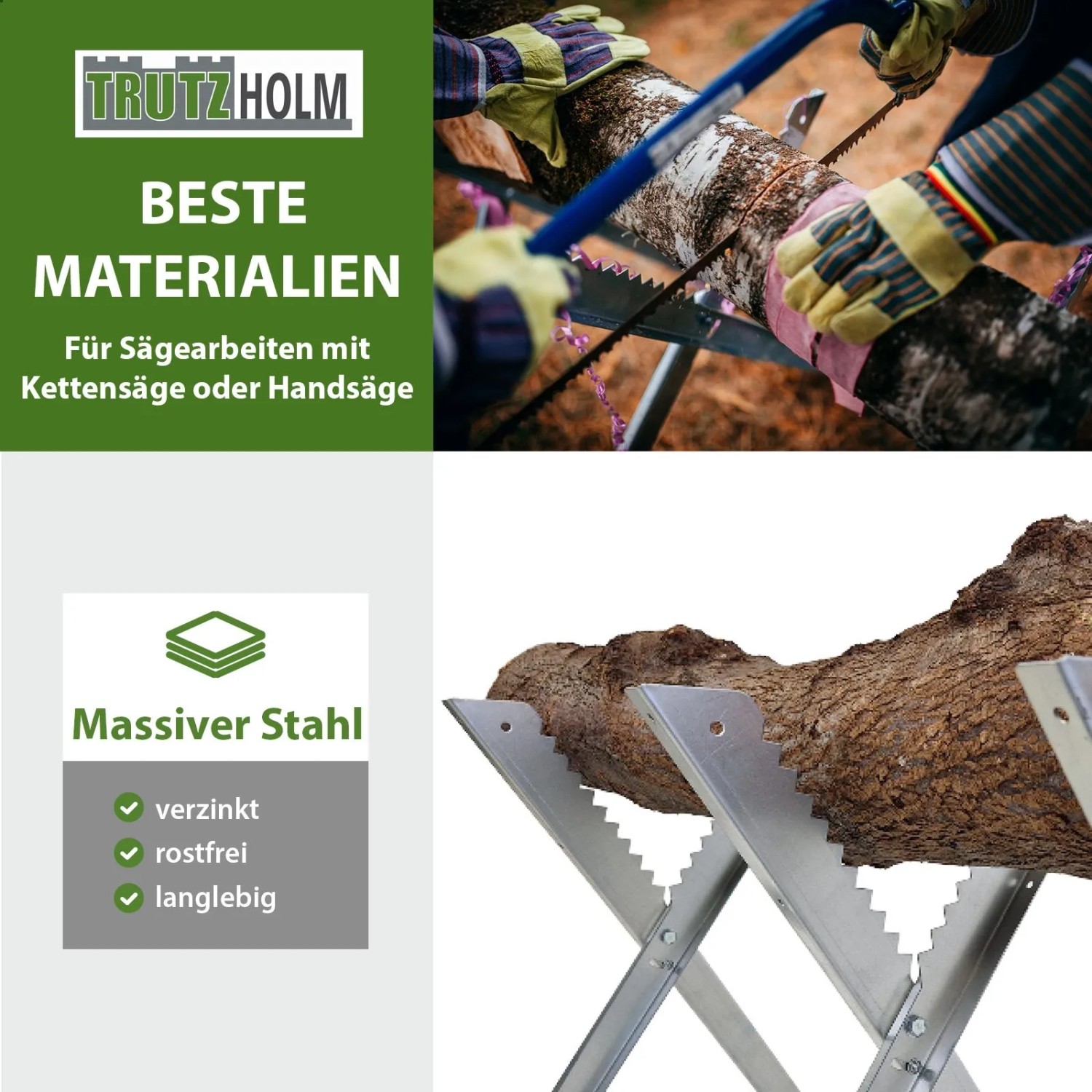 TRUTZHOLM Holzsägebock aus verzinktem Stahl mit Holzstamm. Klappbarer Sägebock für Gartenhandgeräte.