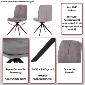 Graues MCW Esszimmerstuhl 2er-Set mit weicher Polsterung, drehbarer Sitzfläche, Auto-Position und schwarzem Stativgestell.